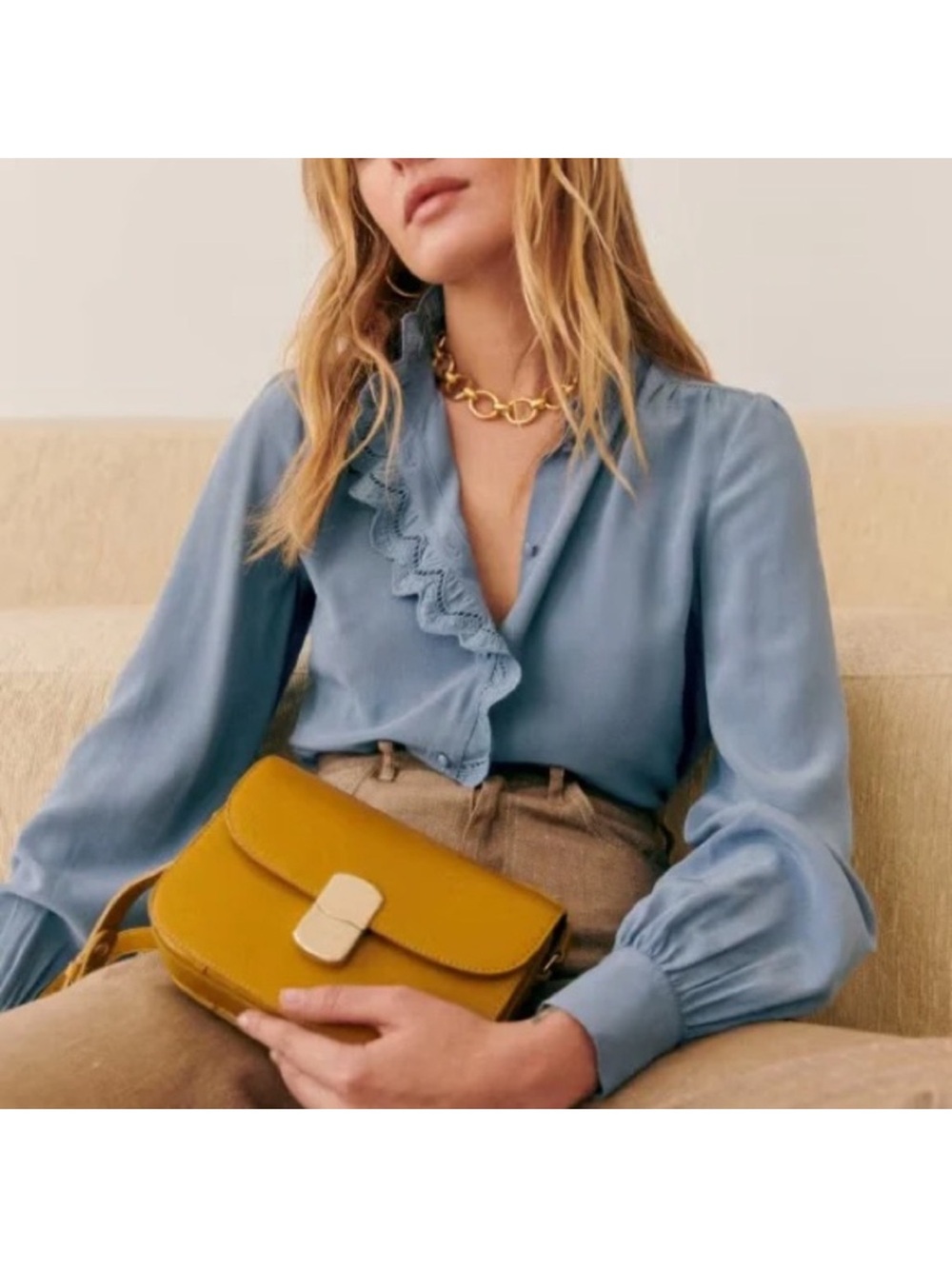 Sezane Chlo Silk Blouse in Vintage Blue